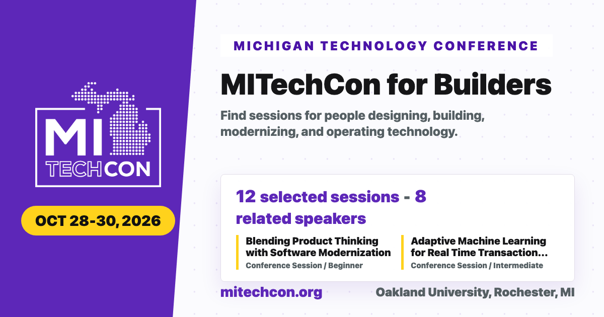 MITechCon 2026 builders audience share graphic with conference branding.