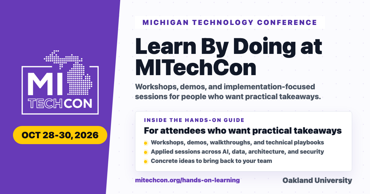 MITechCon 2026 Hands-On Learning share graphic with conference branding.