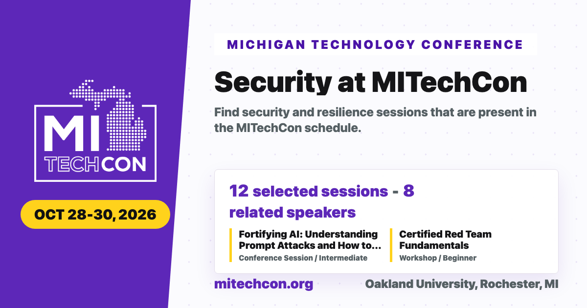 MITechCon 2026 security audience share graphic with conference branding.