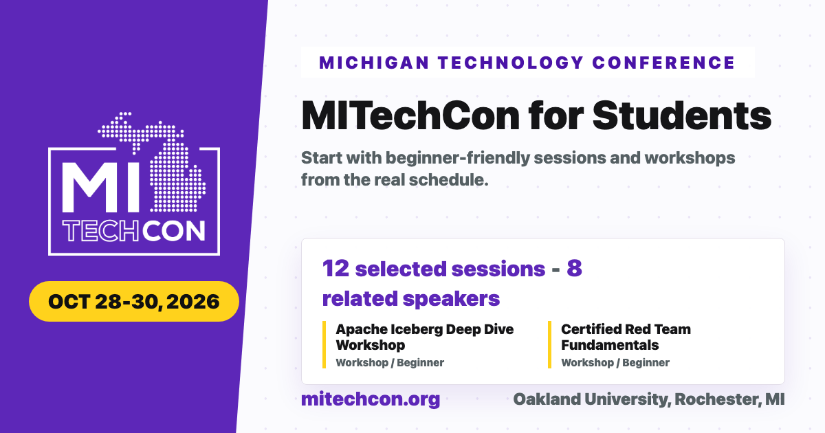 MITechCon 2026 student audience share graphic with conference branding.