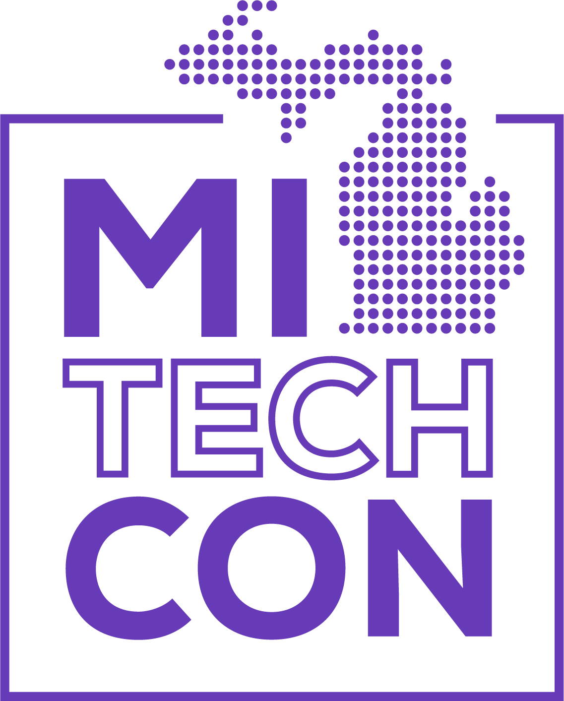 Vertical MITechCon logo in purple, gold, and blue on a transparent background.