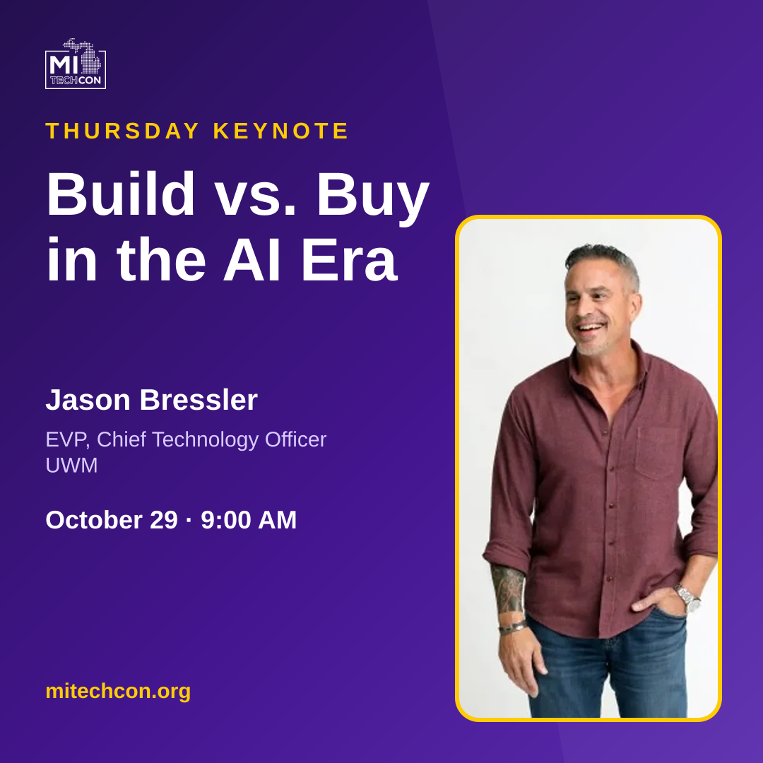 Jason Bressler Thursday keynote graphic for Build vs. Buy in the AI Era at MITechCon 2026.