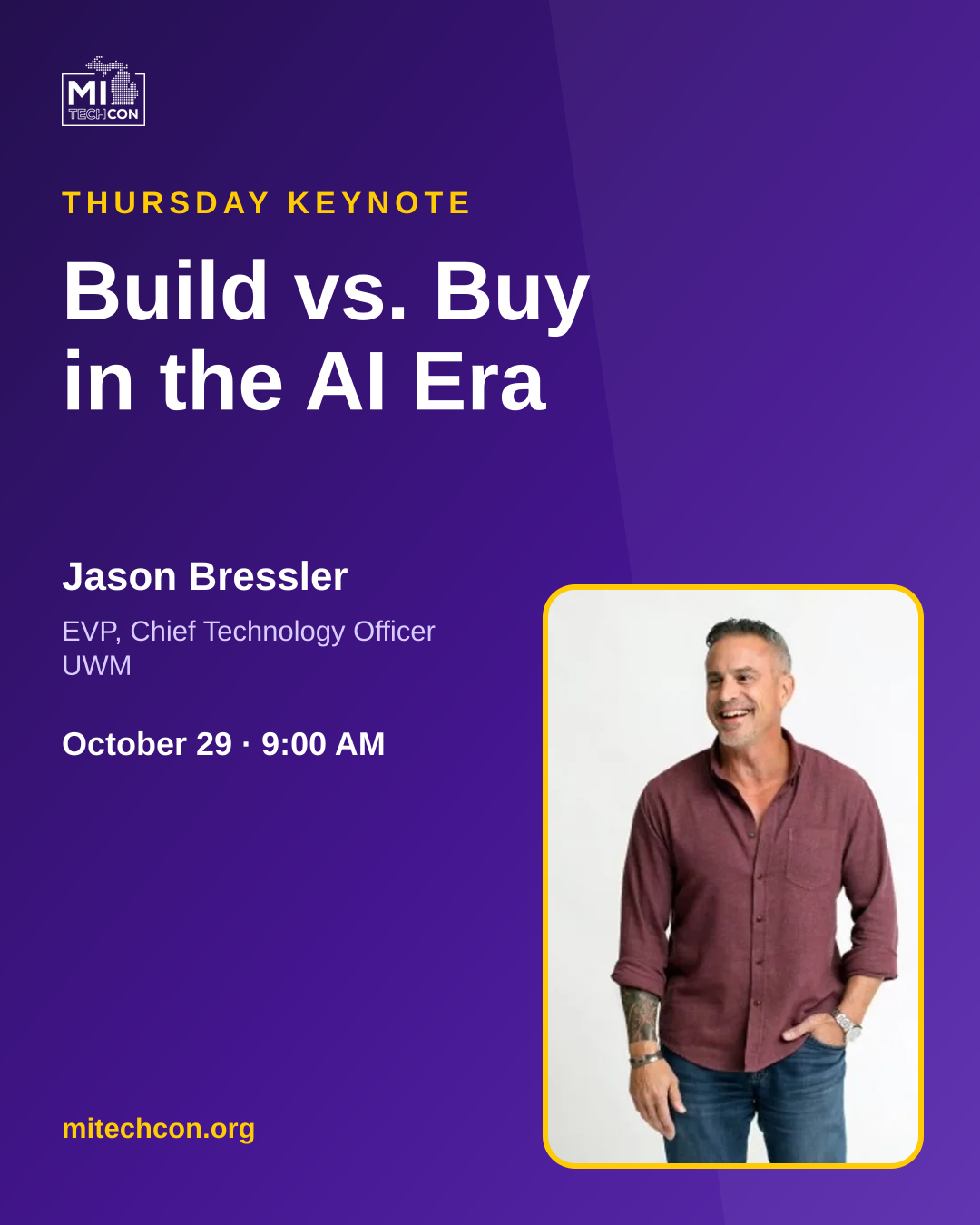 Jason Bressler Thursday keynote story graphic for MITechCon 2026.