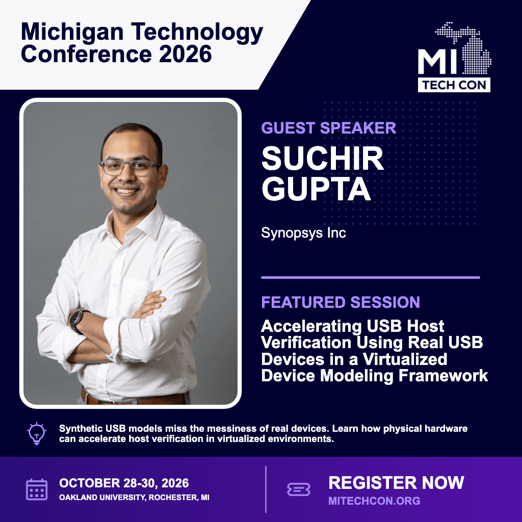 Social share image for Accelerating USB Host Verification Using Real USB Devices in a Virtualized Device Modeling Framework at MITechCon 2026