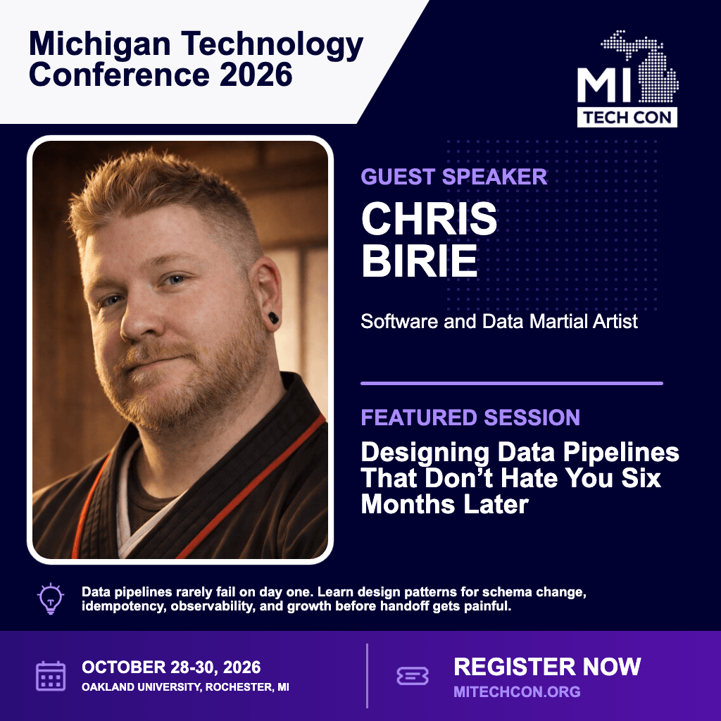 Social share image for Designing Data Pipelines That Don’t Hate You Six Months Later at MITechCon 2026